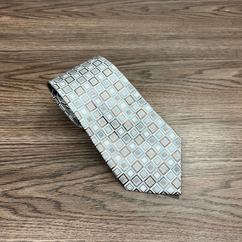 Gallieni Silver w/ Taupe & Blue Check Silk Tie